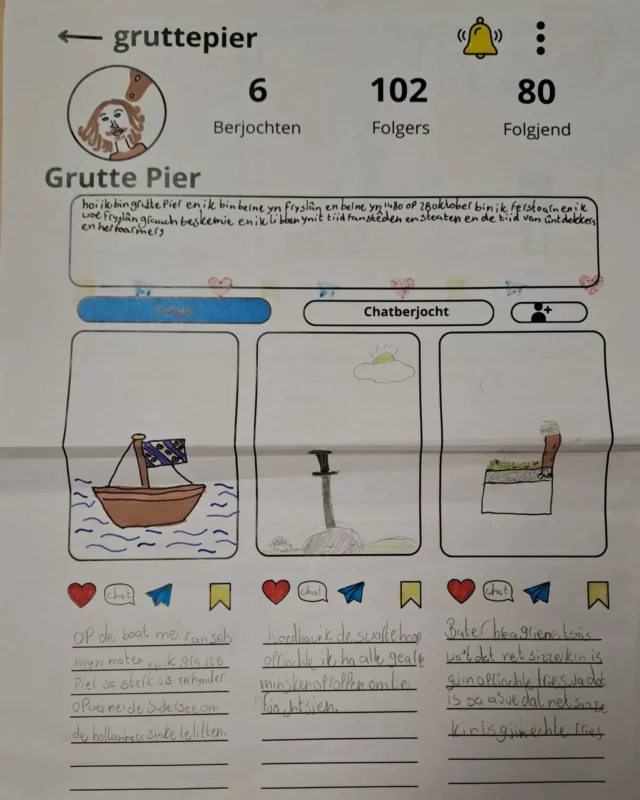 De ôfrûne twa wike wurken wy mei groep 7 en 8 oer 'Ferneamde Friezen' binnen it W.O tema 'Wereldsterren'. Bern dienen, yn twatallen, ûndersyk nei Redbad, Grutte Pier, Gysbert Japicx, Anna Maria van Schurman of Maria Louise van Hessen Kassel. Sy ferwurken de ynformaasje as de Instagrampagina fan harren Fries. Op de pagina moasten de hichtepunten út it libben te sjen wêze, moast dúdlik wurde wat de Fries ferneamd makke hie en dat alles natuerlik yn it Frysk! Grutsk op de resultaten 🤩

#onderwijs #po #basisonderwijs #frysk #ûnderwiis #groep7 #groep8 #bovenbouw #fryskyndeklasse #fryskynitpû #fryslan #onderzoekendleren #grutsk! #defryskejuf