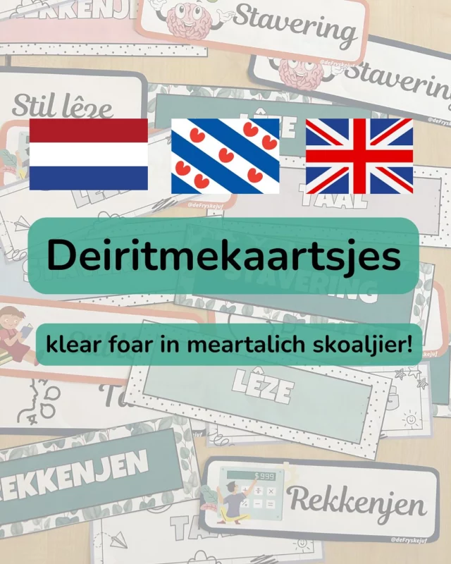 ✨ Start dyn skoaljier organisearre én meartalich! ✨
Us deiritmekaarten helpe dy om struktuur en dúdlikens te kreëarjen yn’e klasse. En dat ek nochris yn 3 talen! 🌎📚 

✔️Kinst kieze út 5 ferskille setsjes kaartsjes
✔️Krigest de kaartsjes yn 3 talen - Frysk, Nederlânsk & Ingelsk
✔️Mar €1,- per setsje
✔️Mist in kaartsje? Oanfollingen meitsje wy fergees 🎁

Perfekt foar in frisse start fan in nij (meartalich) skoaljier. 
👉Swipe troch de foto’s om de kaarten te besjen. Bestelle kin troch ús in DM te stjoeren! 

#dagritme #dagritmekaarten #onderwijs #basisschool #nieuwschooljaar #backtoschool  #meertalig #frysk #engels #klasorganisatie #onderwijsinspiratie